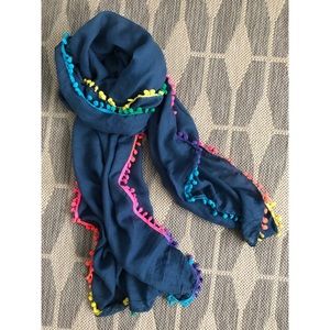 Blue Scarf with Rainbow Pom Pom Trim